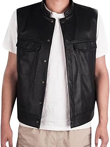 Zdfer Men's Retro Leather Leather Vest, плус копче без ракави V вратот на вратот, цврста боја гроздобер елеци со џебови, camisa para hombre