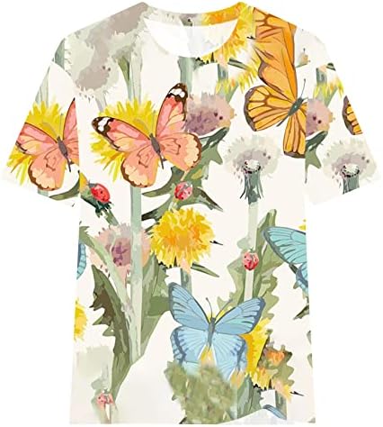 Women'sенски летни печатени кратки ракави за кратки ракави на врвови, основни врвови, блуза за печатење на пеперутка од вратот