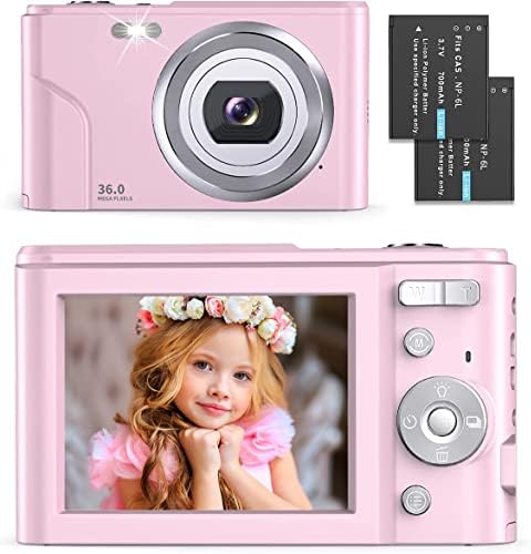 Дигитална камера 1080p 36MP Детска камера Компактна точка и снимајте дигитална камера, батерии од 16x дигитален зум 2, преносна