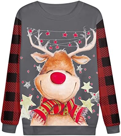 Божиќна забава Xiloccer Најдобри за женски женски божиќни карирани карирани печатени ракави за џемпери шема за џемпер со долги ракави