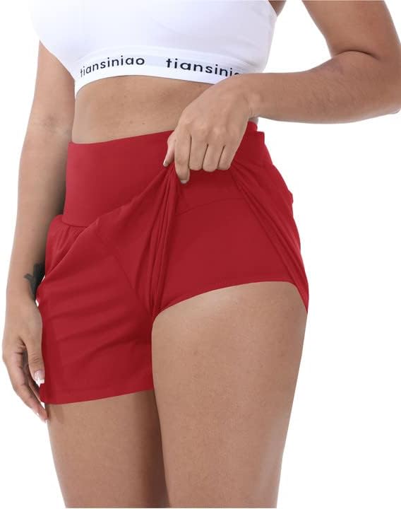 Aurgelmir omeенски жени со висока половината тренингот јога шорцеви салата за трчање шорцеви еластични атлетски шорцеви со џебови со џебови