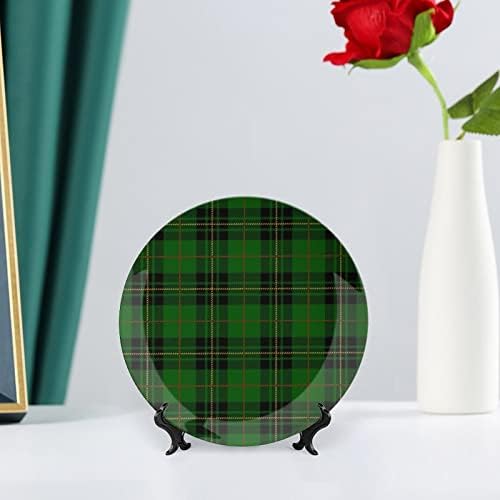 Зелена Шкотска Тартан Карирана Декоративна Плоча Тркалезна Керамичка Плоча Коска Кина Плоча Со Штанд За Прикажување За Декор За Свадба