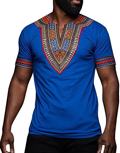 Макром Машки Африкански Дашики Маица Племенски Цветни Печати V Вратот Тенок Одговара Кошули Блузи