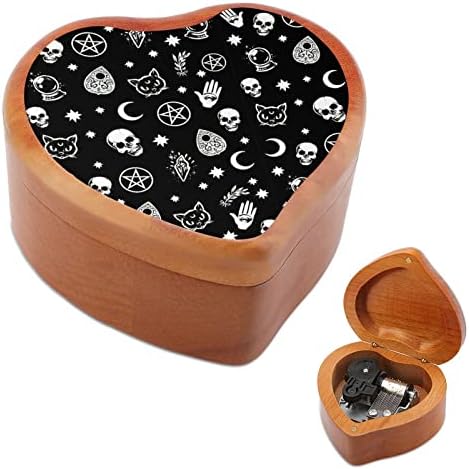 Череп мачка месечина готски гроздобер дрвен часовник музички кутија музичка кутија во форма на срцеви подароци за семејни пријатели