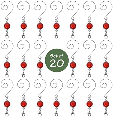 Banberry Design Christmas Ornament Куки - Црвен сјаен скапоцен камен - сет од 20 сребрени жица декоративни вртливи с -куки