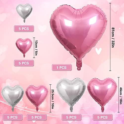 Songjum 31pcs Ден на вinesубените Ден на срцеви балони со розови и сребрени срцеви балони со 32 инчи розово срце халон голем за ден на вinesубените