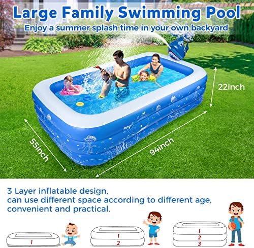 Надувување на базен, радосплаш 94 x 55 x 22 Семеен базен за деца, возрасни, мали деца, деца, забава во вода во задниот двор на 3+ години со
