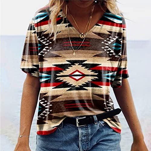 UODSVP женски летни врвови на ретро печатење племе геометриски V-врат со кратки ракави маици врвни блузи, облечени врвови на врвови