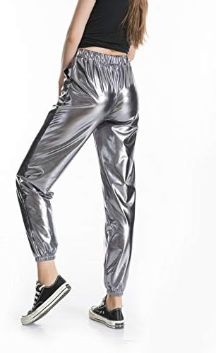 Siaeamrg жени сјајни метални високи половини затегнати панталони со џогер, со влажен изглед хип -хоп -клуб носат холографски панталони