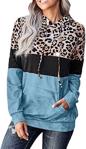 Женски обични бои за блокирање на бои на врвовите со долги ракави за влечење камо леопард печатено џемпер со џеб со џеб