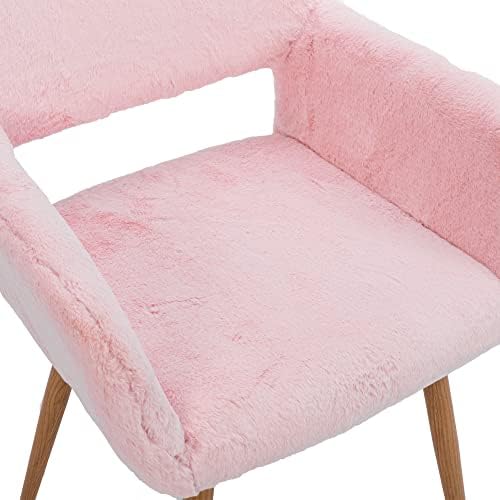 SSLine Вештачко Крзно Суета Стол Елегантен Розова Кожен Шминка Биро Столици За Девојки Жени Модерен Удобен Меки Рака Стол Со Дрво Изглед Метални Нозе Во Спалната Соба