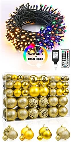 Измешани 200 ЛЕР Божиќни Светла што Ја Менуваат Бојата +100 ПАРЧИЊА Златни Топчиња За Новогодишна Елка За Украси Од Венец Од