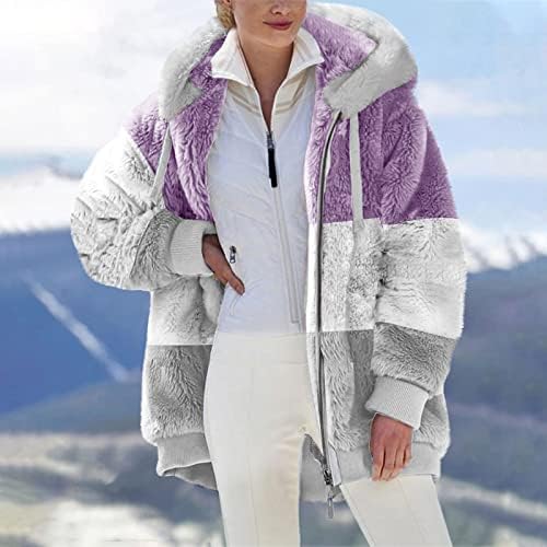 Плус големина Зимски палто за женски faux руно наредени јакни со качулка, мода во боја, лента за патенти кардиган, топли палта