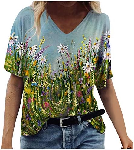 Симпатични врвови за жени лето плус маици со големина Краток ракав против блуза за вратот модни графички маички лабави вклопени обични туники
