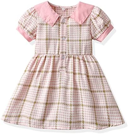 Детско дете бебе девојки пролетно лето карирано памук, памук краток ракав, принцеза облечена облека, дете, официјален фустан
