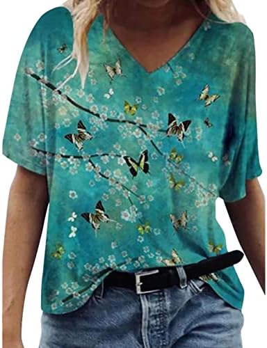 Летни Блузи За Жени Пеперутка Шема Печатени V Вратот Краток Ракав Широки Маици Повик Лабава Врвови