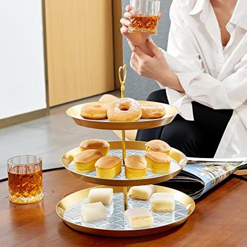 Dragonbtu 3 Tier Cupcake Stand со златна шипка пластична нивоа десерт кула фиока сива сирена шема шема геометриски овошје бонбони приказ за свадба