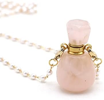 Природен камен розов кварц кварц парфем шише со приврзок ѓердан ланец розов кристално есенцијално масло Дифузер накит за жени