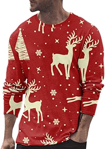 XXBR Божиќни маички со долг ракав за мажи, XMAS 3D Graphic Santa Claus Print Crewneck Tee Tops Party Sports Tilt