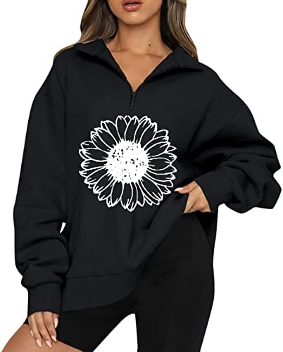 Kuaileya 3/4 zip pullover женски женски женски сончоглед печати преголем половина патент пуловер долг ракав џемпер четвртина