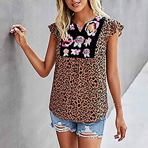 uikmnh женски летен фрунс, обични маички опуштени вклопени вклопени летечки ракави со кратки ракави леопард врвна кошула