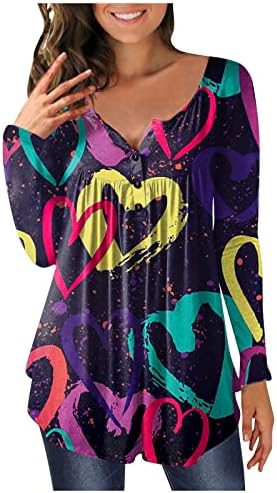 Womenенски Ден на в Valentубените кошули за туники за време на срцето, печатено од копчето за вратот, блузи, случајни удобни долги ракави врвови