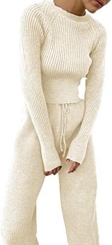 Женски зимски пад ребро-плетен долг ракав ладен стомак џемпер на врвот и долги панталони