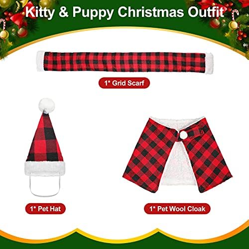 Weewooday 3 парчиња Божиќна карирана мачка костум маче облека вклучува Дедо Хет кученце шамија куче Кејп Класик Плеј миленичиња Божиќни облеки