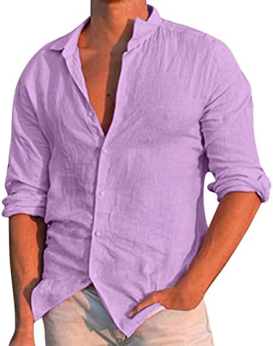 Zddo Mens Cotton Lenen Обични кошули лето копче надолу лапел јака врвови со долги ракави цврста кошула на плажа на Хавајски плажа