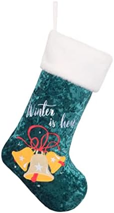 Божиќни чорапи со LED светло, вклучена батерија CR2032, разнобојно везено дрво Бел Снегулово овошје Аплика Аплика Божиќ што виси