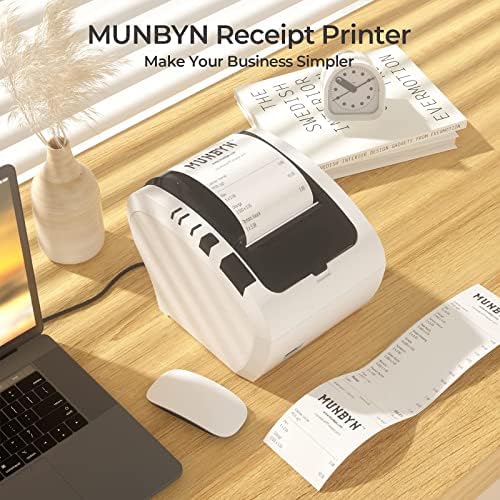 Печатач за прием на Munbyn, печатач за термички прием работи со фиока за парични средства за Windows Mac Chromebook и хартија