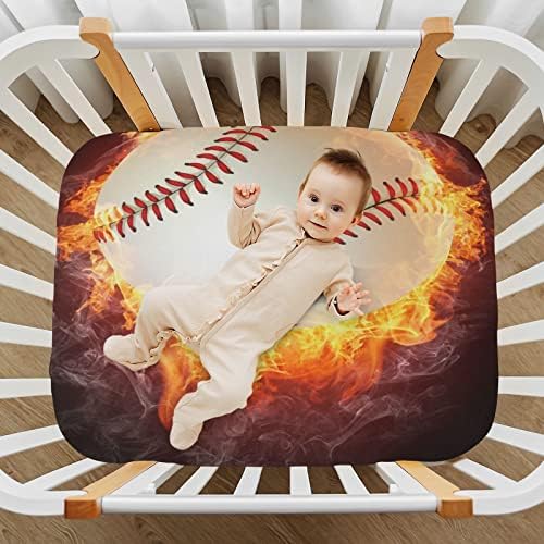 Чувајте ги опремените чаршафи за креветчиња за момчиња, мек дише удобен бејзбол опкружен со пламен Бебешки лист, чаршафи за креветчиња
