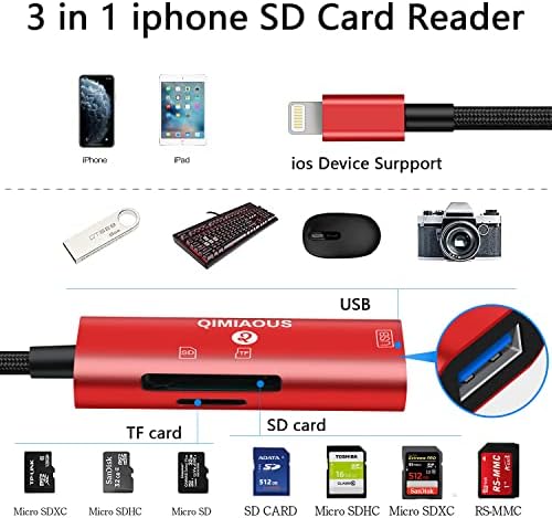 [Apple MFI сертифициран] читач на SD картички за iPhone iPad, Qimiause 3in1 Молња до Micro SD Camera Memory Carme Reader, USB SLR адаптер