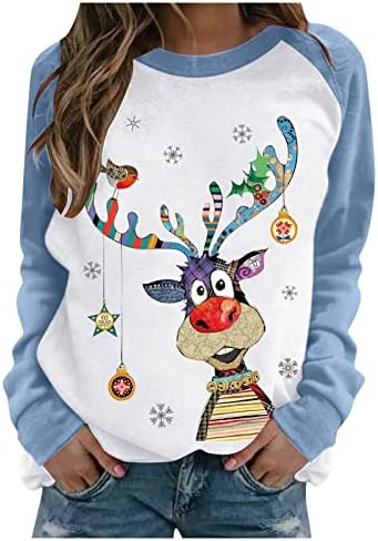 Божиќно маичка за божиќни маички за жени мода на лежерна Божиќна печатена рунда со долги ракави за џемпер на врвови за џвакање на врвови за