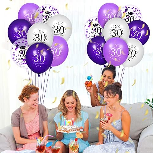 30-Ти Пурпурен Роденден Балони Украси, 16 ПАРЧИЊА Виолетова Бела Среќен 30-Ти Роденден Конфети Латекс Балони За Жени Мажи Среќен Роденден Свадба