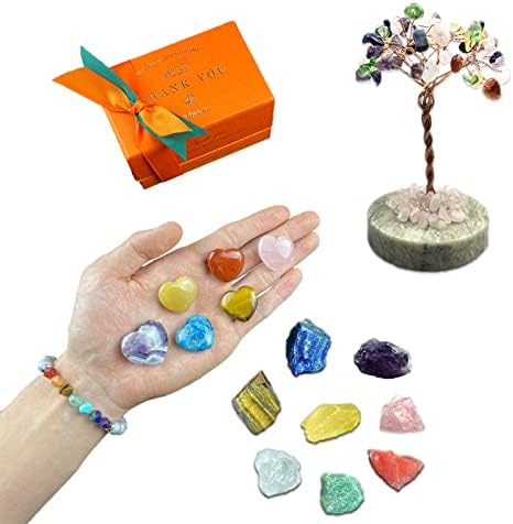 E'lixefe заздравувачки кристал сет, 16 парчиња чакра кристали заздравувачки камен сет вклучуваат 8 суровини и 6 срцеви камења,