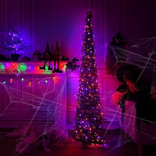 [Портокал &засилувач; Виолетови Светла ] 5 Стапки Ноќта На Вештерките Црна Новогодишна Елка Тајмер НАПРАВИ САМ 50 Светла Батерија Управувана
