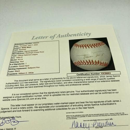 Вили Мејс потпиша бејзбол на Националната лига со JSA COA - автограмирани бејзбол