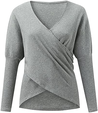 Балаки плетени џемпери за жени долги ракави Неправилни џемпери на полите, крст пред секси секси V вратот плетени врвови