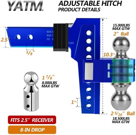 Yatm hitch одговара на приемник од 2,5 инчи, 8 капка/пораст, алуминиумски капка, прилагодлива приколка за заменливи три топки, монтирање