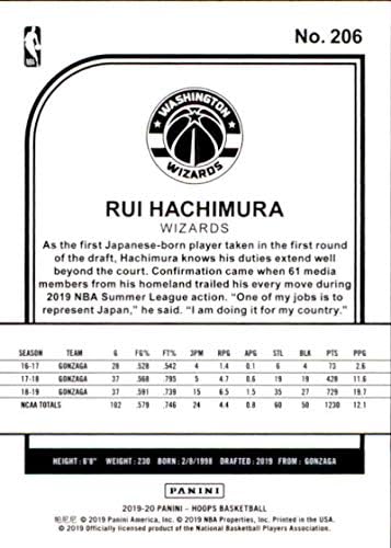 2019-20 Панини НБА обрачи 206 Руи Хачимура Вашингтон Волшебници Дебитантска кошаркарска картичка