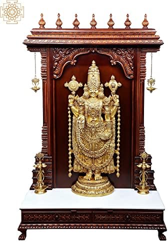 Егзотична Индија 74 Супер голема тирупати балаџи во дрвена рамка штанд со симбол за ламба Vaishnav | Рачно изработена - дрво