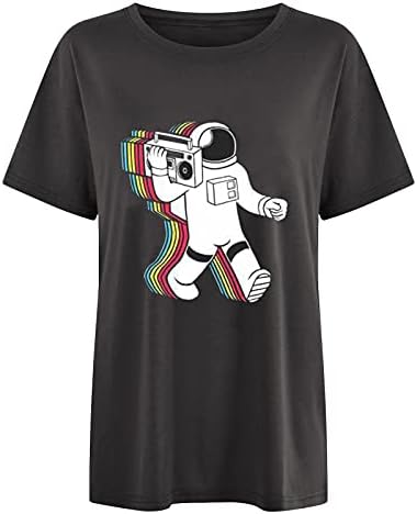 Женски кратки ракави преголеми врвови симпатични маички за печатење на астронаути, ретро екипаж, лабава вклопена тешка празнична блуза