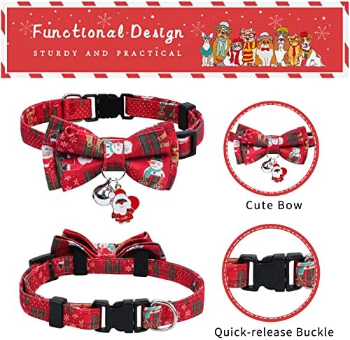 Christmase Chistn Cat Cable, Божиќна јака за кучиња со лак и bellвонче за мачки и мали до средни кучиња црвена+зелена
