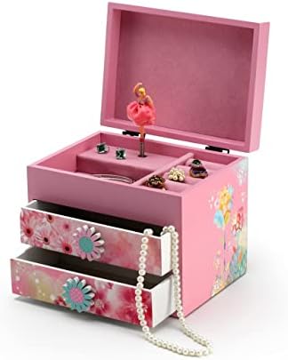 Розова дрвена цветна тема 18 белешка за балерина музичка кутија - многу песни што треба да се изберат - прошетка за бебиња слонови