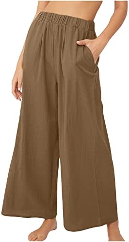 Lcepcy женски постелнина панталони обични еластични високи половини летни панталони лабави удобни панталони постелнина каприс