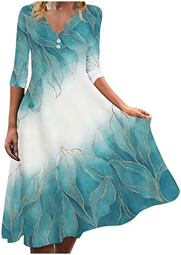 JJHAEVDY женски принт 3/4 ракав пролетни есенски фустани Обични цветни печати брановидни V вратот копче плус големина долги фустани