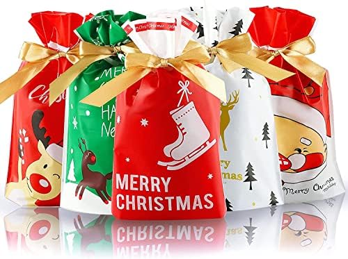 Божиќни Торби За Подароци Со Врвки, Мали Пластични Кеси за Бонбони 9х6 за Задоволства Гуди Колачиња Закуска, Слатки Кеси За Завиткување со машна