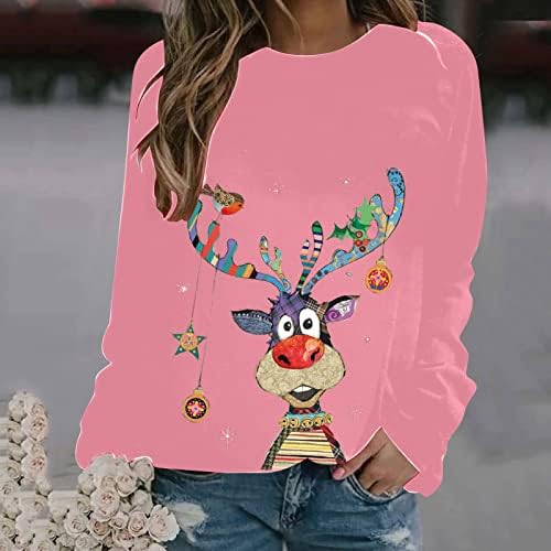Грди Божиќни врвови за жени смешни слатки печати кошули со долг ракав празник новини Божиќни џемпери за џемпери за џемпери на екипаж