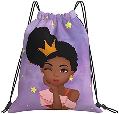 Fzryhaika Афроамериканец Црна девојка Печати ранец торба за ранец, спортска салата торба вреќа со жица за девојчиња